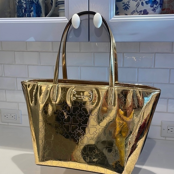 KATE SPADE New York PERFORATED GOLD LARGE TOTE SHOULDER BAG—BEAUTIFUL!! EUC!!